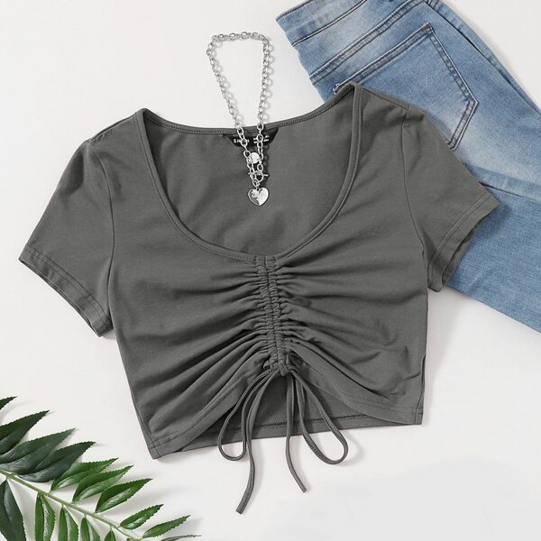 

Solid Drawstring Ruched Tee, Dark grey