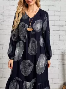 EMERY ROSE Annual Ring Print Lantern Sleeve Dress - Multicolor - View 3