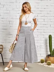 EMERY ROSE Striped Print Slant Pocket Wide Leg Pants