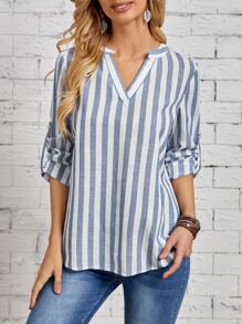 EMERY ROSE Striped Notched Roll Tab Sleeve Blouse - Blue and White - View 1
