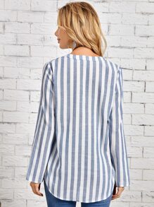 EMERY ROSE Striped Notched Roll Tab Sleeve Blouse - Blue and White - View 2