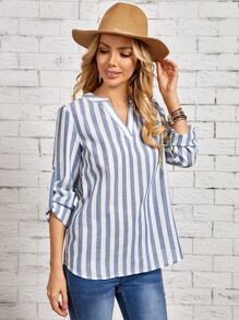 EMERY ROSE Striped Notched Roll Tab Sleeve Blouse - Blue and White - View 4