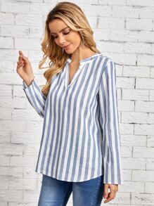 EMERY ROSE Striped Notched Roll Tab Sleeve Blouse - Blue and White - View 5