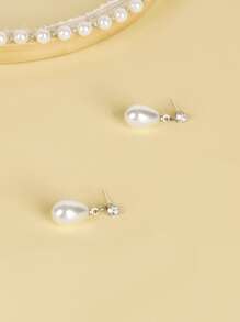泪珠珍珠简约时尚休闲耳环 - 白色 - 查看 2