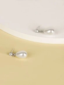 泪珠珍珠简约时尚休闲耳环 - 白色 - 查看 4