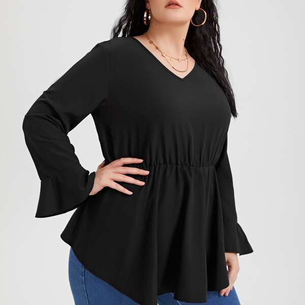 

Plus V-neck Flounce Sleeve Peplum Blouse, Black