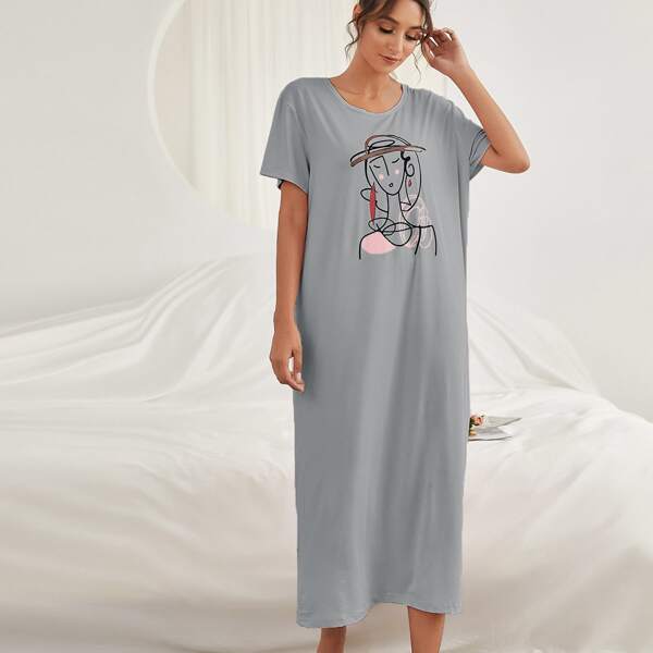 

Abstract Figure Graphic Night Dress, Grey
