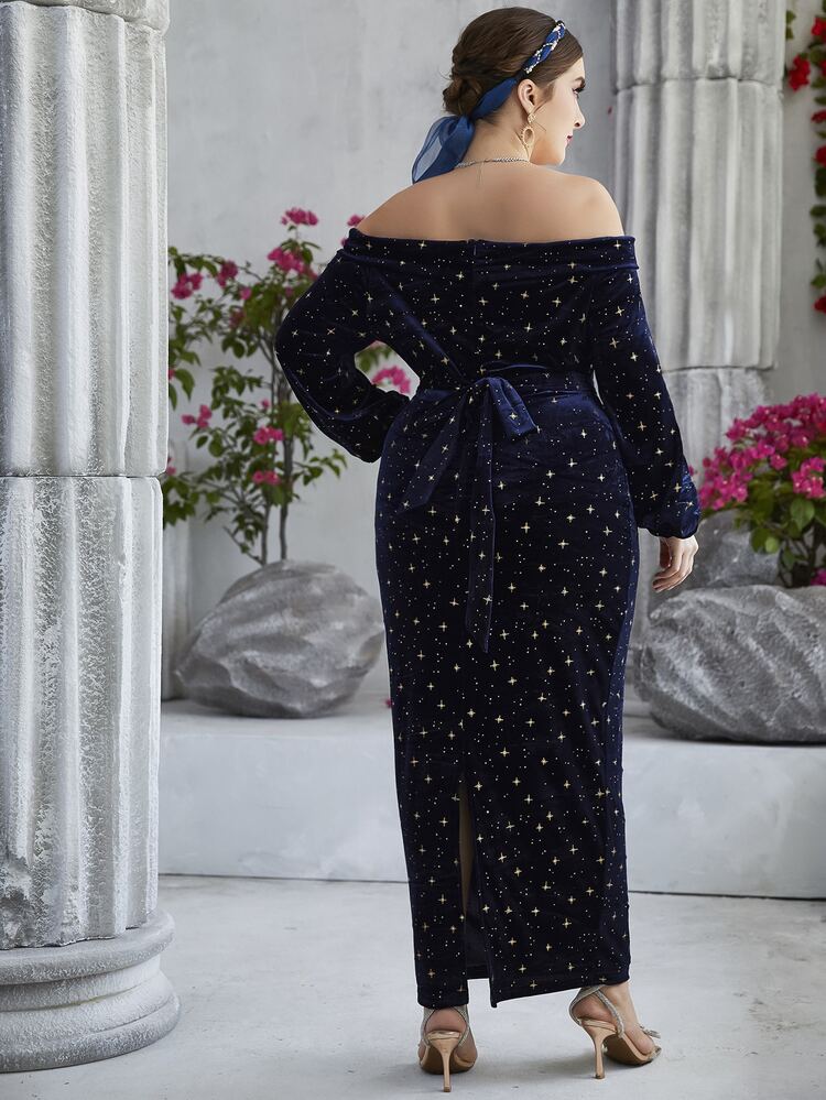 大碼四角星圖案一字肩下擺開叉腰帶絲絨連衣裙 - 藏蓝色 - 查看 2