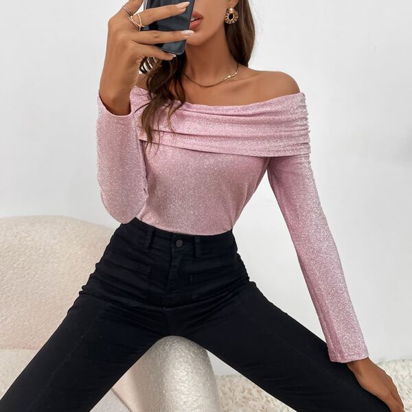 

Off Shoulder Overlay Metallic Top, Dusty pink