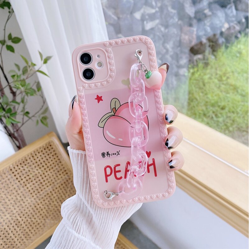 

Cartoon Peach Pattern Phone Case With Chain Hand Strap, Multicolor