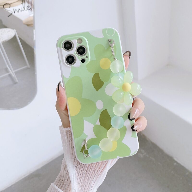 

Flower Pattern Phone Case With Beaded Hand Strap, Green