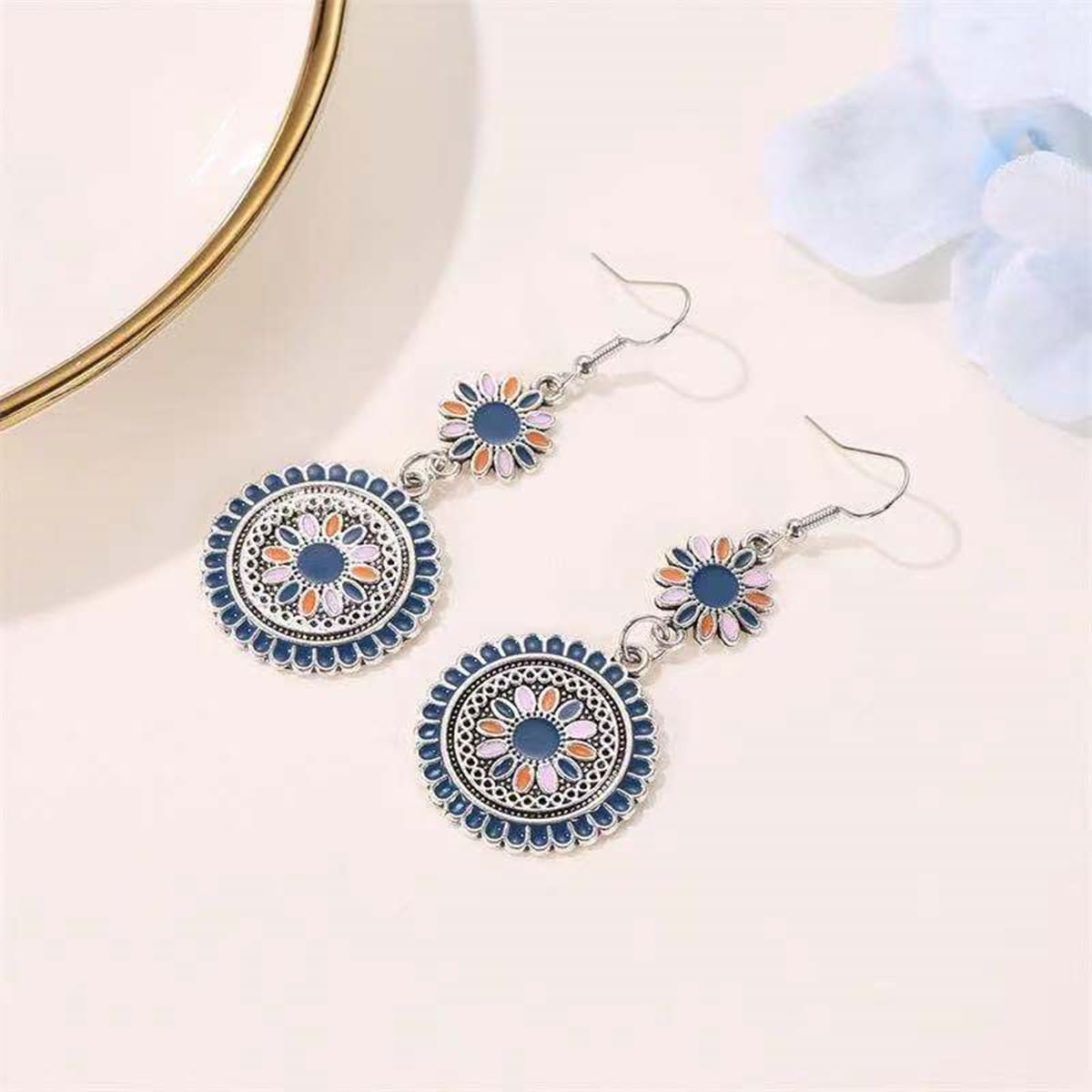 

Flower Drop Earrings, Antique silver