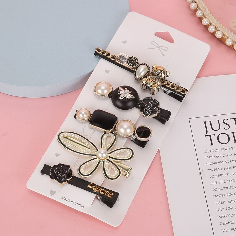

5pcs Faux Pearl & Bear Hair Clip, Multicolor
