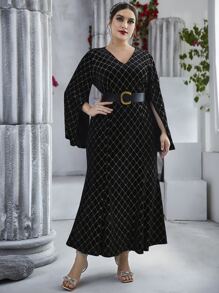 Modelyn 大碼菱形印花開叉袖絲絨附腰帶洋裝 - 黑色 - 查看 1