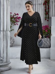 Modelyn 大碼菱形印花開叉袖絲絨附腰帶洋裝 - 黑色 - 查看 6