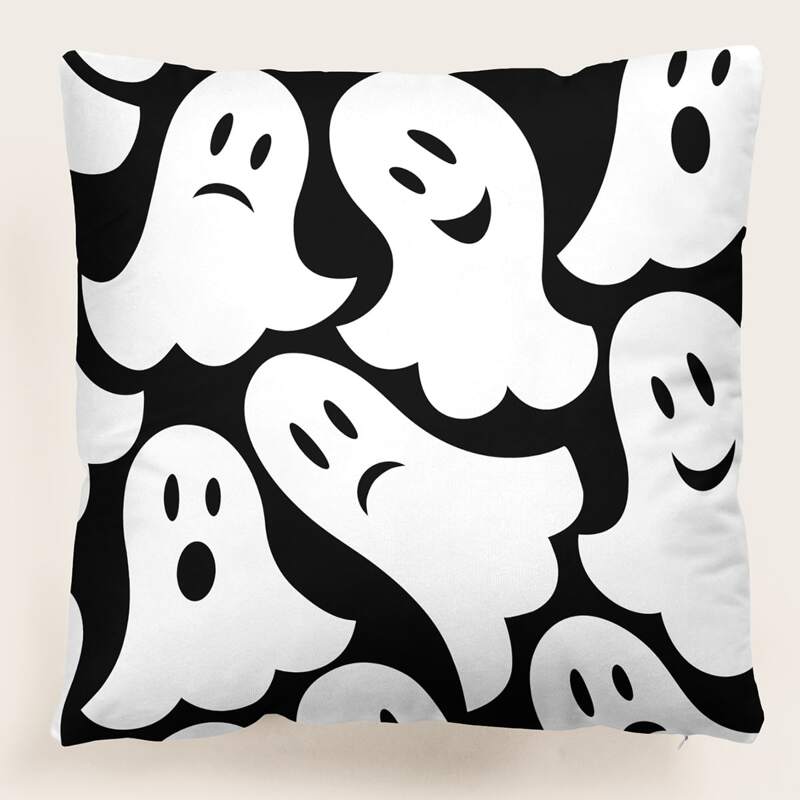

Halloween Ghost Print Cushion Cover Without Filler, Black and white