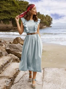 Vestido de rayas ribete con fruncido sin cinturón - Celeste - Ver 1