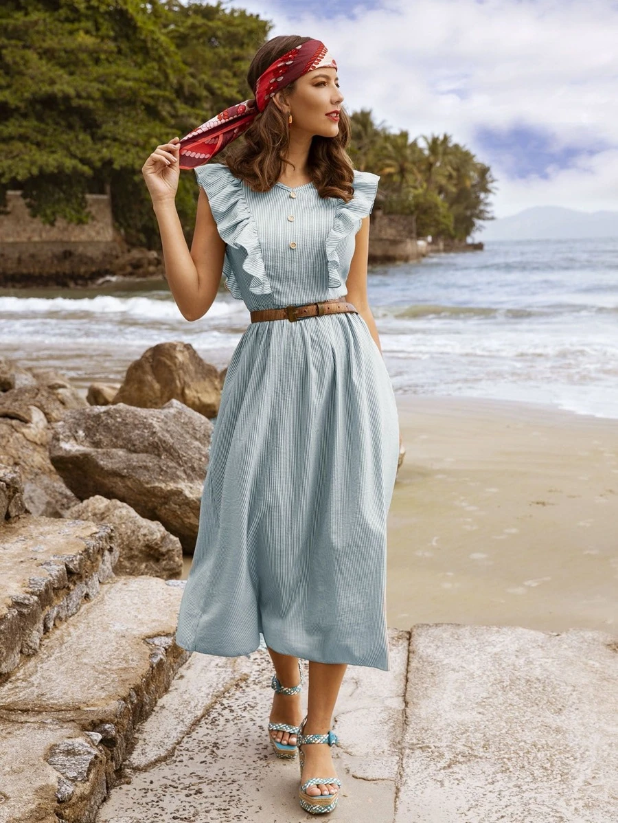 Vestido de rayas ribete con fruncido sin cinturón - Celeste - Ver 1