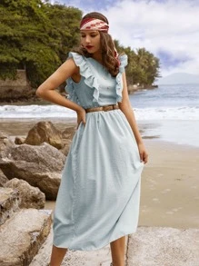 Vestido de rayas ribete con fruncido sin cinturón - Celeste - Ver 3