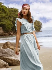 Vestido de rayas ribete con fruncido sin cinturón - Celeste - Ver 4