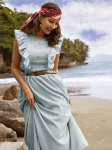 Vestido de rayas ribete con fruncido sin cinturón - Celeste - Ver 5