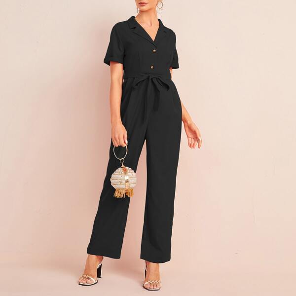 

Lapel Neck Half Button Belted Jumpsuit, Black