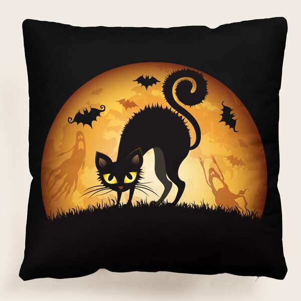 

Halloween Cat Print Cushion Cover Without Filler, Multicolor