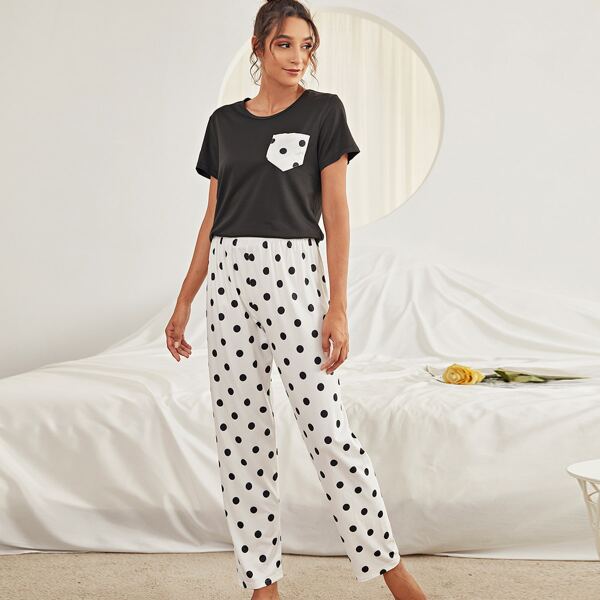

Polka Dot Print Pajama Set, Black and white