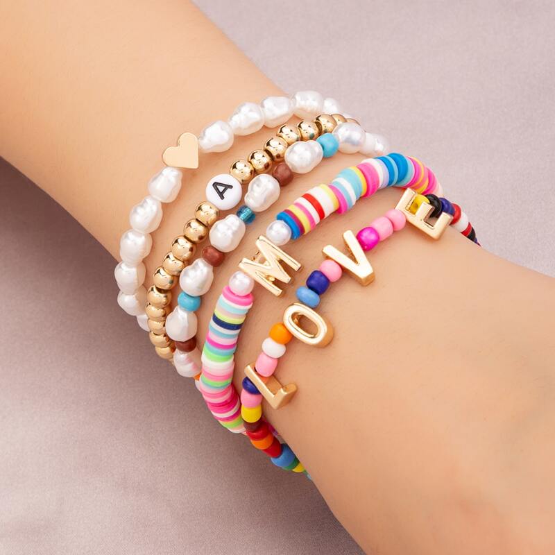 

5pcs Letter Decor Beaded Bracelet, Multicolor
