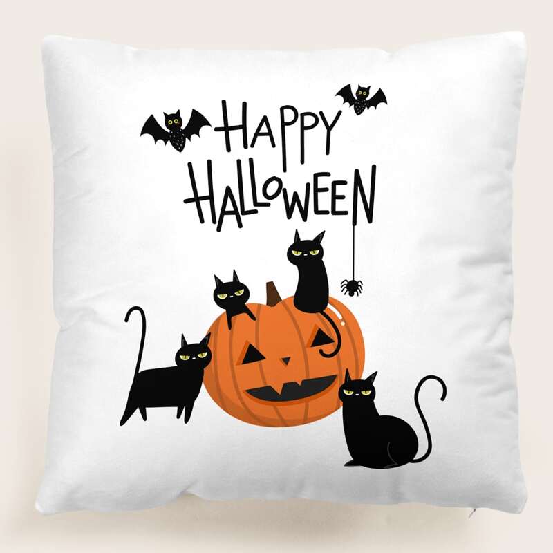 

Halloween Cat Print Cushion Cover Without Filler, Multicolor