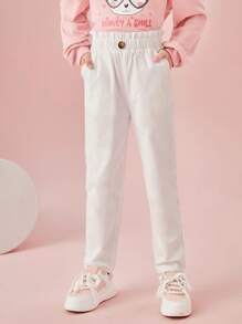 SHEIN Girls Paperbag Waist Single Button Straight Leg Trousers - White - View 1