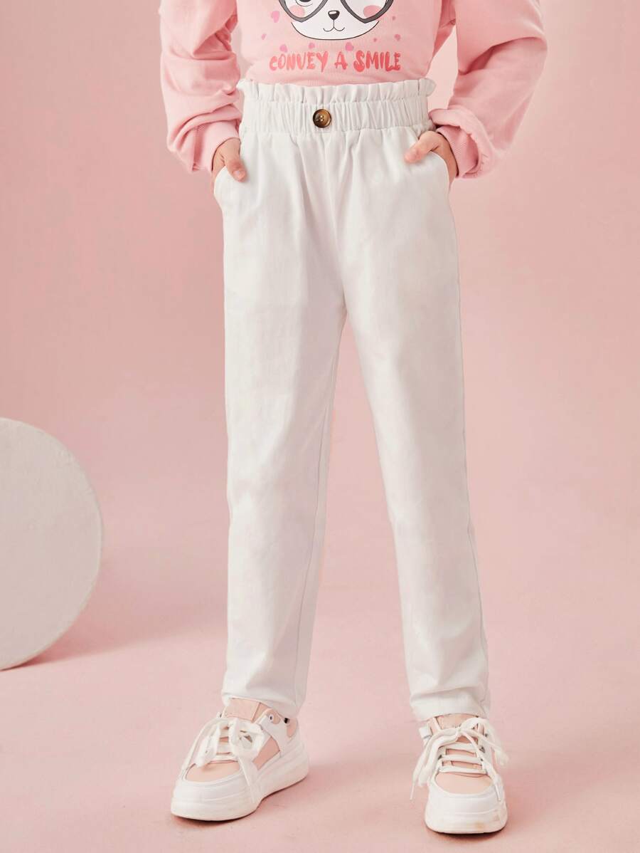 SHEIN Girls Paperbag Waist Single Button Straight Leg Trousers - White - View 1