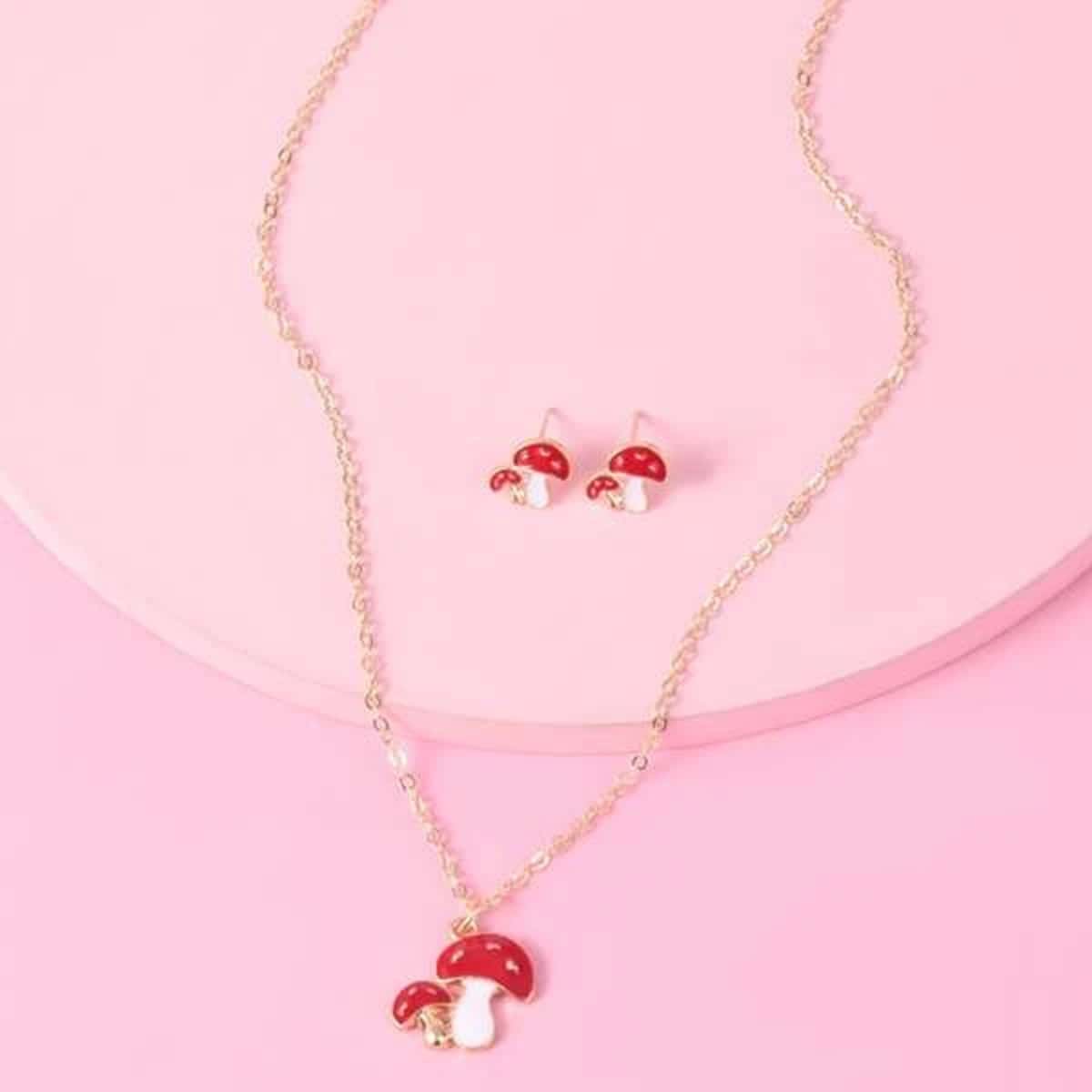 

1pc Mushroom Decor Chain Necklace & 2pcs Earrings, Multicolor