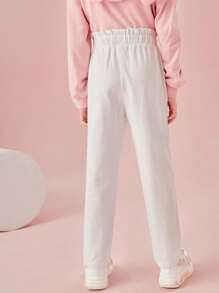 SHEIN Girls Paperbag Waist Single Button Straight Leg Trousers - White - View 2