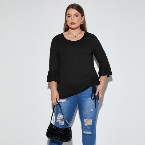

Plus Flounce Sleeve Drawstring Hem Tee, Black