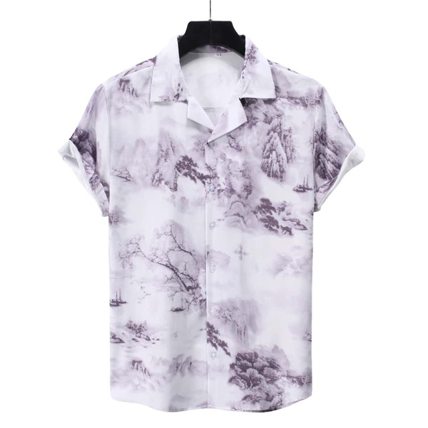 

Men Landscape Print Lapel Neck Shirt, Purple