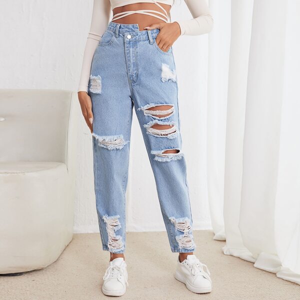 

High Waist Ripped Mom Fit Jeans, Light wash