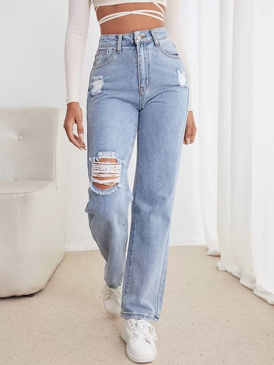 SHEIN Frenchy High Waist Straight Leg Ripped Jeans - Light Wash - View 1