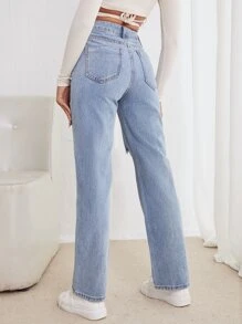 SHEIN Frenchy High Waist Straight Leg Ripped Jeans - Light Wash - View 2