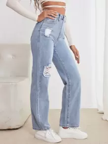 SHEIN Frenchy High Waist Straight Leg Ripped Jeans - Light Wash - View 3