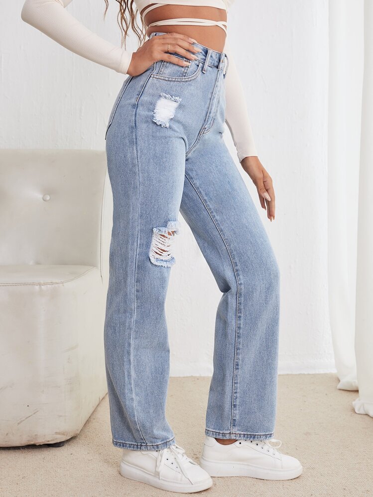 SHEIN Frenchy Quần jean Nút Túi Dây kéo màu trơn - Rửa nhẹ - Xem 3