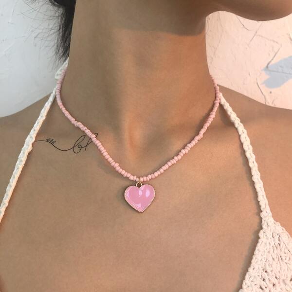 

Heart Pendant Beaded Necklace, Pink