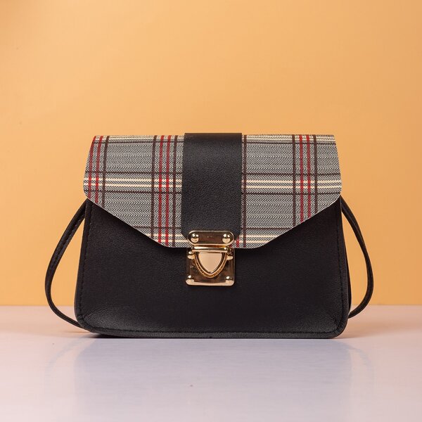 

Tartan Push Lock Crossbody Bag, Black