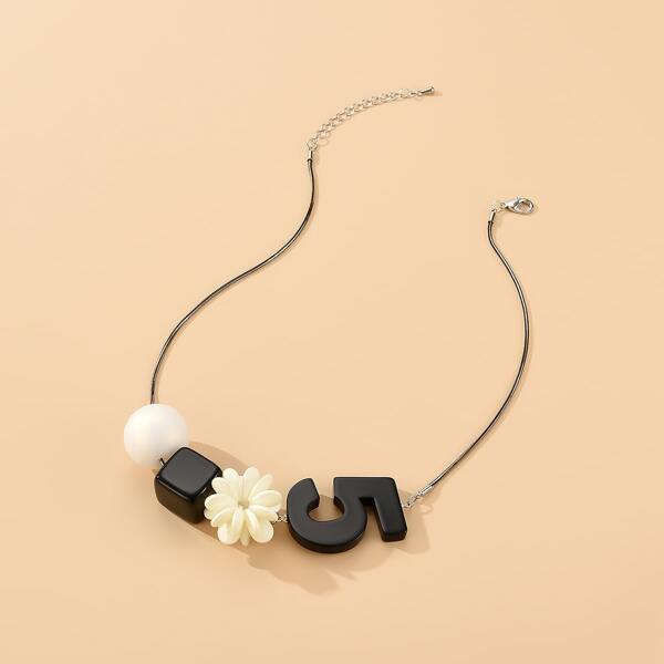 

Number & Bead Decor Necklace, Black