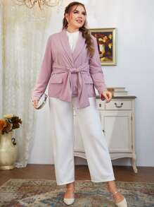 SHEIN LUNE Blazer de cuello esmoquin con cinturón con diseño de solapa - Rosa Pálido - Ver 3