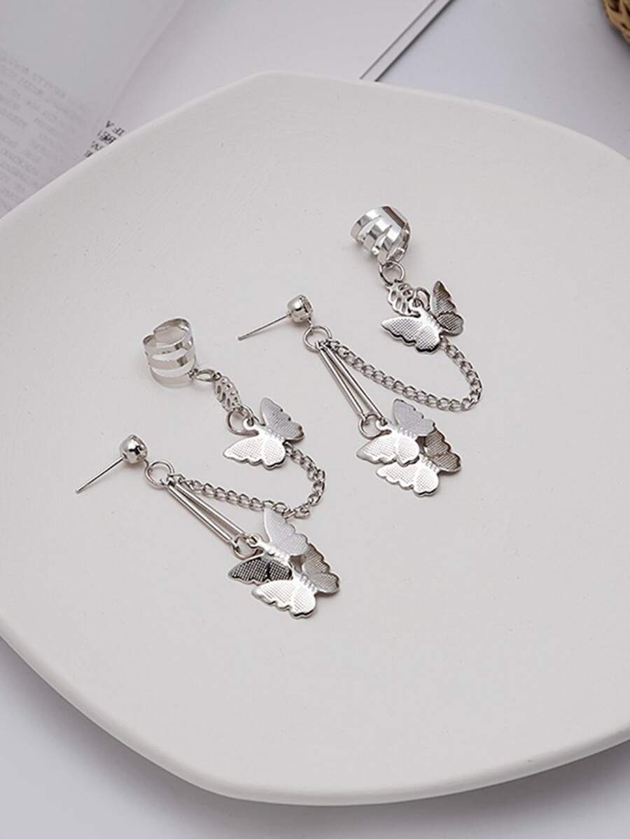 Pendientes con cadena con mariposa - Plateado - Ver 1