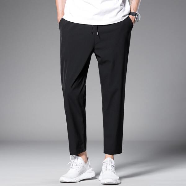 

Men Slant Pocket Drawstring Pants, Black