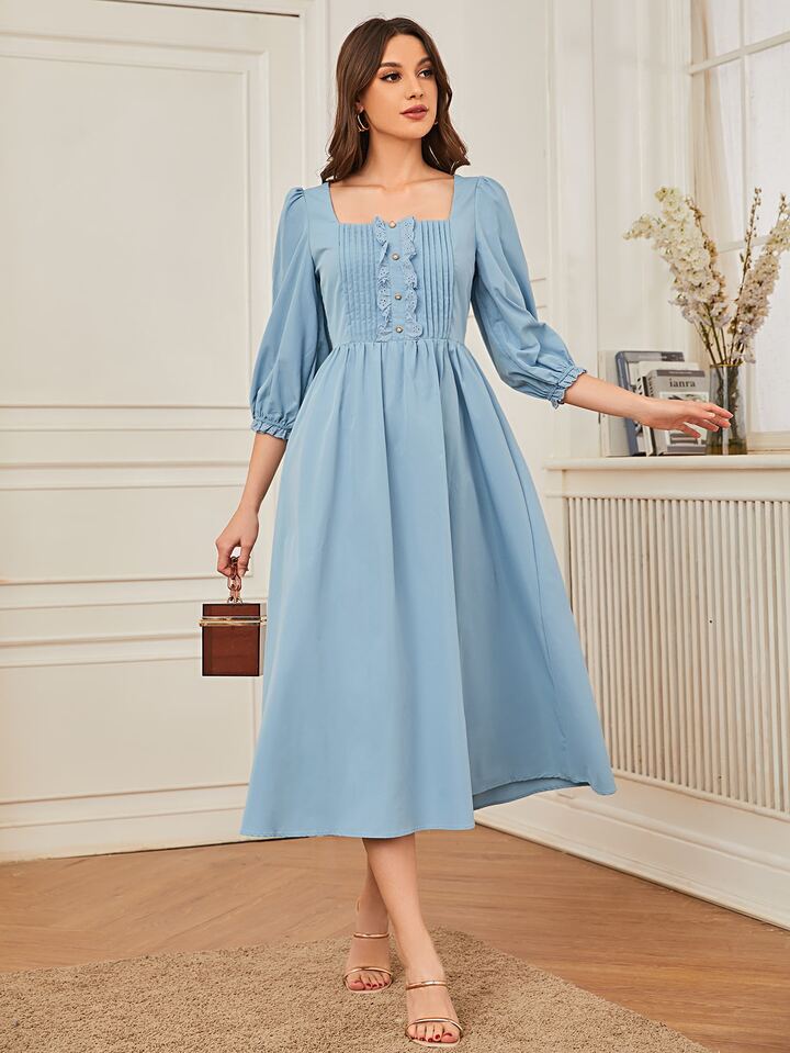 Modelyn Square Neck Eyelet Embroidered Frill Trim Pleated Front