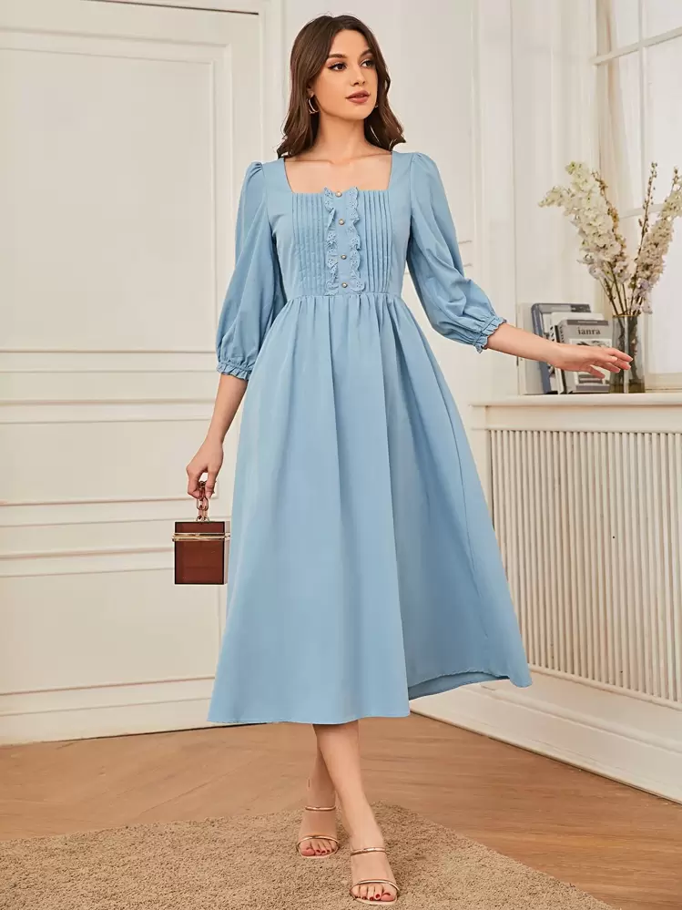 Modelyn Square Neck Eyelet Embroidered Frill Trim Pleated Front