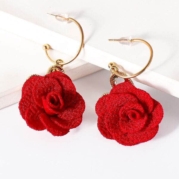 

Fabric Flower Decor Drop Earrings, Red